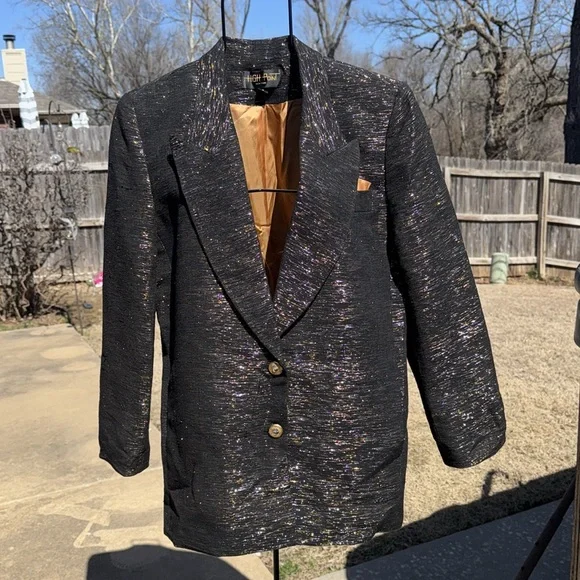 Vintage 1980s Black Silver Gold Metallic Tuxedo Jacket sz s USA made